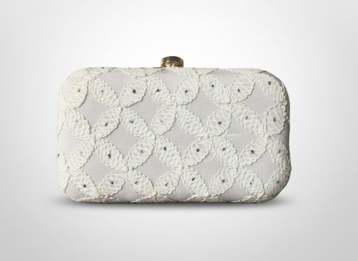 Handcrafted Chikankari Clutch/Bag with Golden Chain - White
