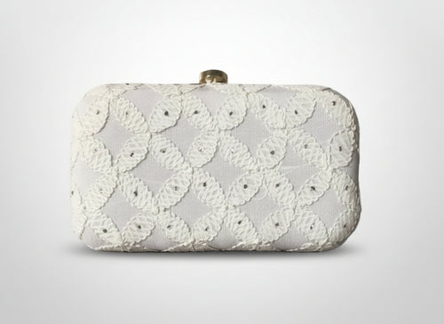 Handcrafted Chikankari Clutch/Bag with Golden Chain - White