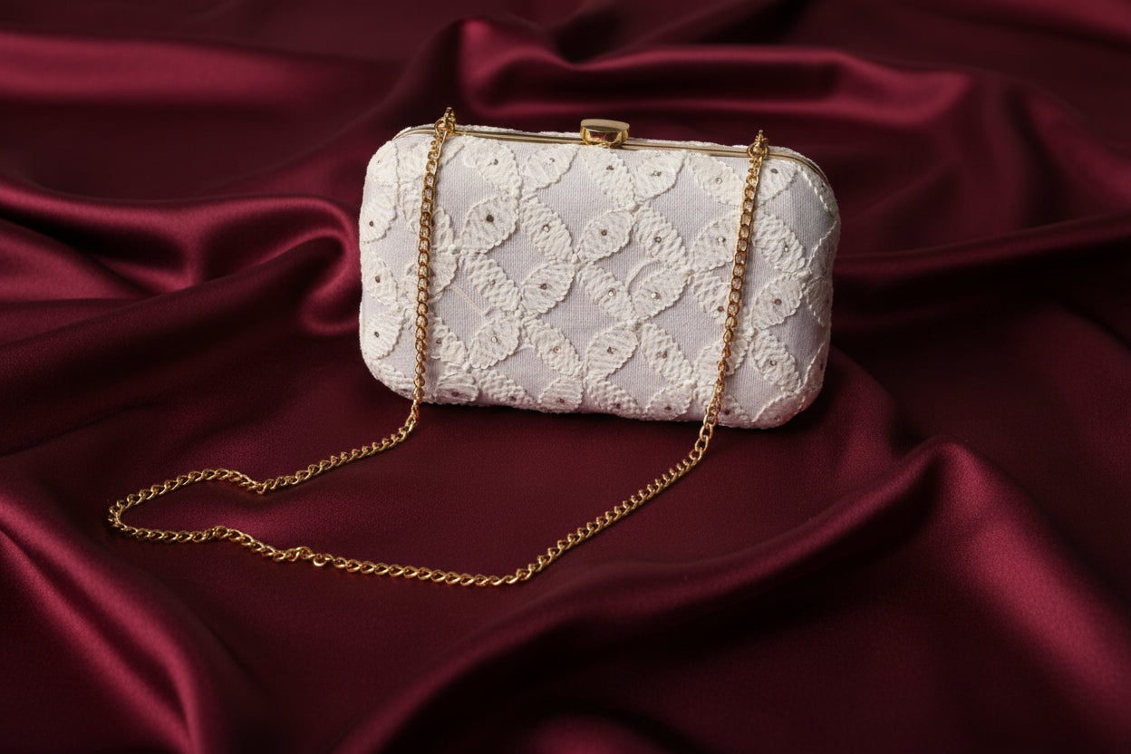 Handcrafted Chikankari Clutch/Bag with Golden Chain - White