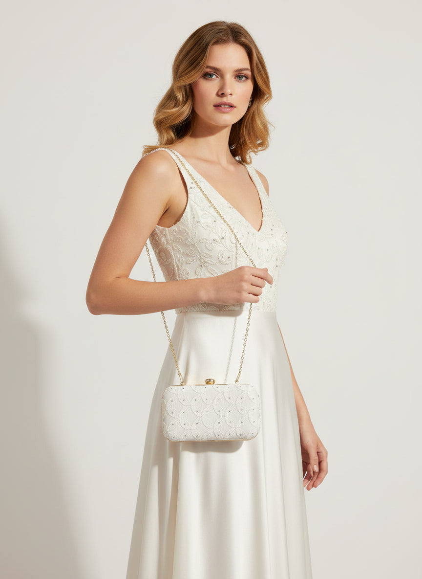 Handcrafted Chikankari Clutch/Bag with Golden Chain - White