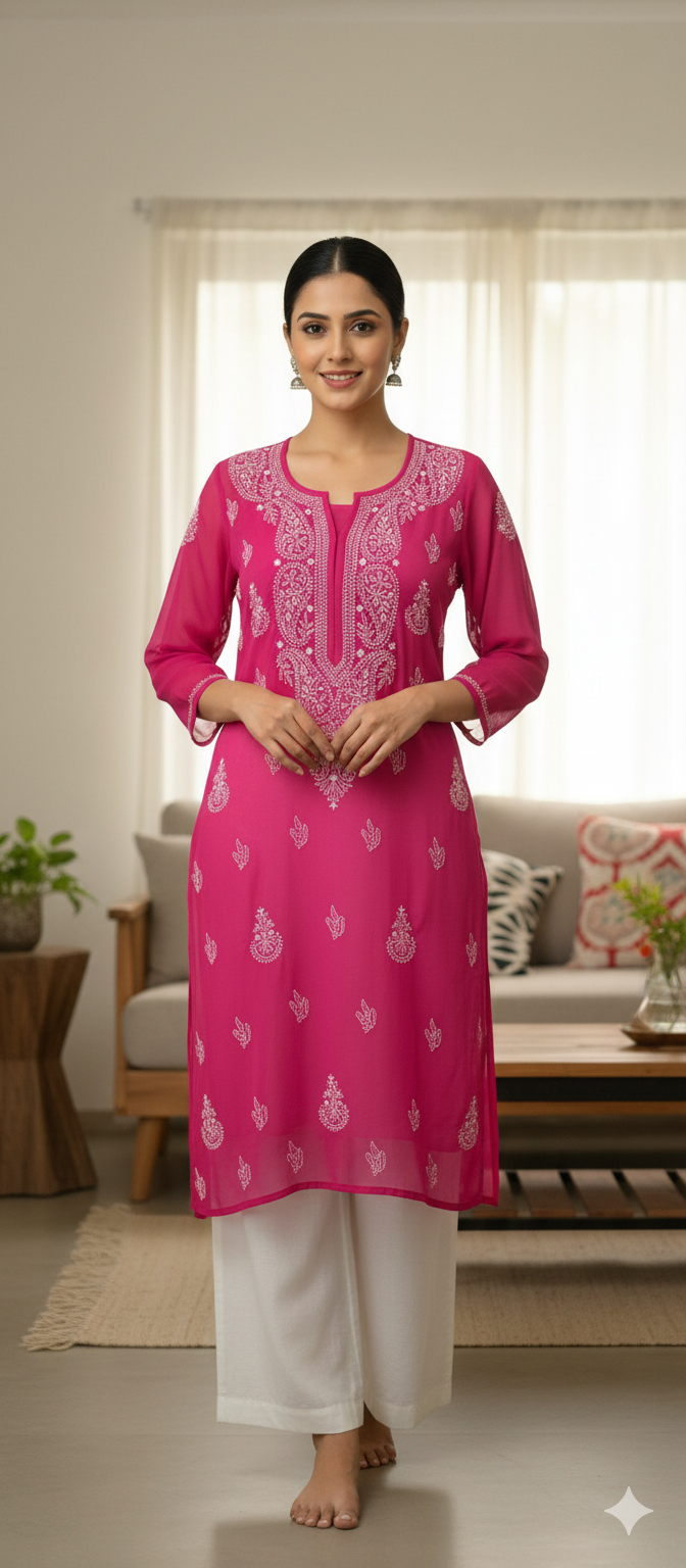 Souled Georgette Chikankari Straight Kurta with Inner Slip