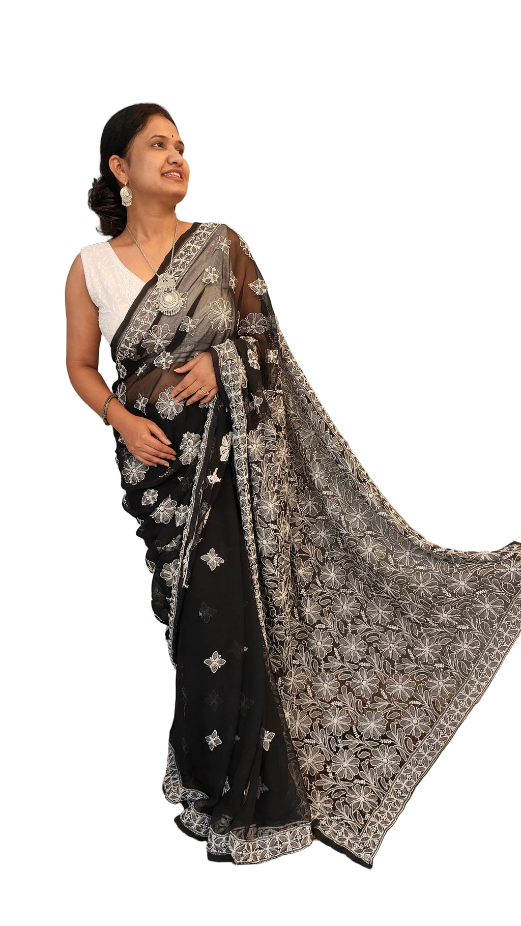 Midnight Black Georgette Chikankari Saree – Intricate Pallu & Border Work