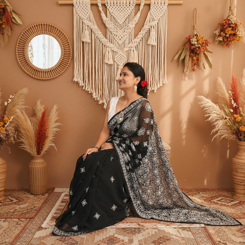 Midnight Black Georgette Chikankari Saree – Intricate Pallu & Border Work