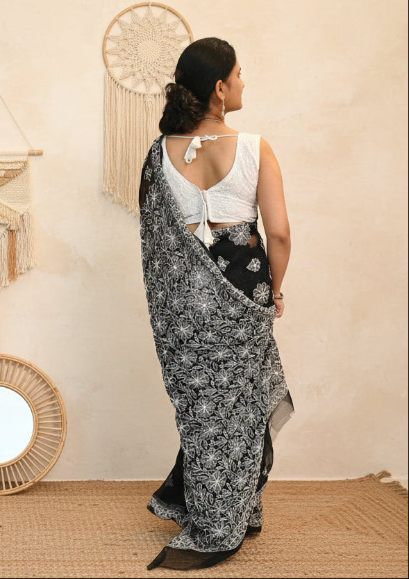 Midnight Black Georgette Chikankari Saree – Intricate Pallu & Border Work