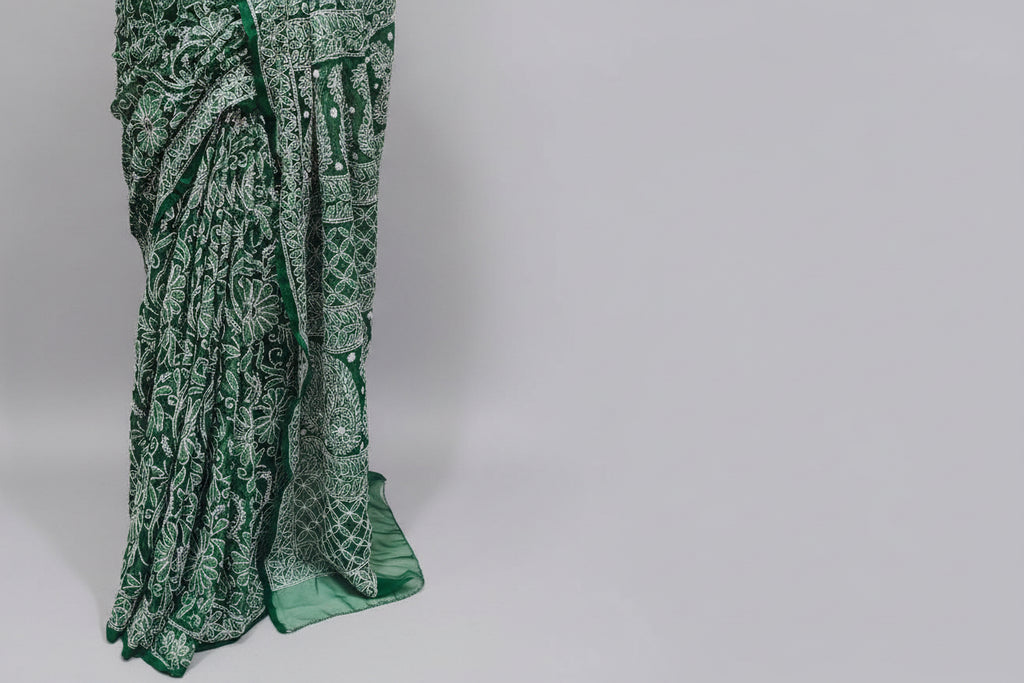 Forest Green Georgette Chikankari Saree – Full Jaal Hand-Embroidery