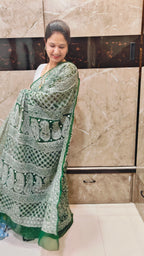 Forest Green Georgette Chikankari Saree – Full Jaal Hand-Embroidery