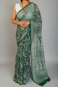 Forest Green Georgette Chikankari Saree – Full Jaal Hand-Embroidery