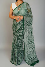 Forest Green Georgette Chikankari Saree – Full Jaal Hand-Embroidery