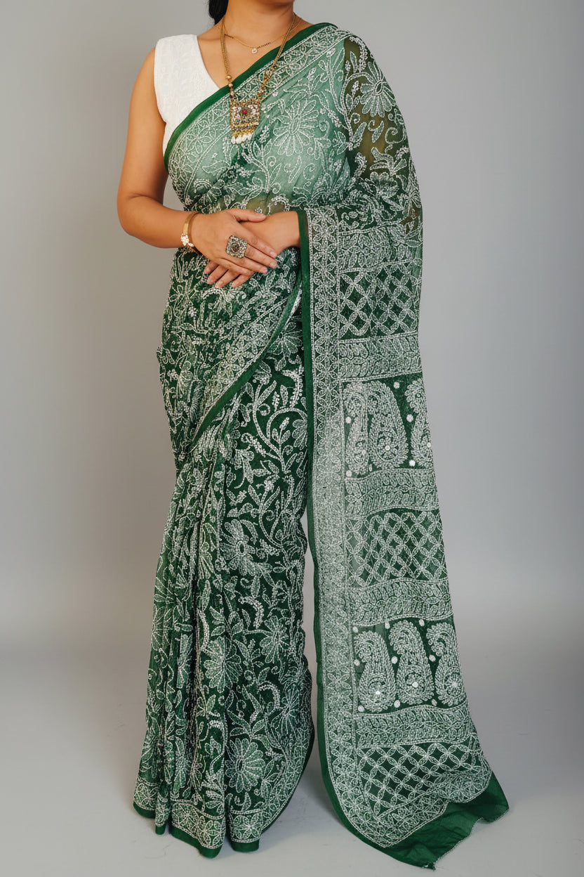 Forest Green Georgette Chikankari Saree – Full Jaal Hand-Embroidery