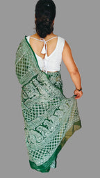 Forest Green Georgette Chikankari Saree – Full Jaal Hand-Embroidery