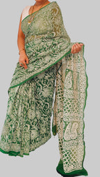Forest Green Georgette Chikankari Saree – Full Jaal Hand-Embroidery