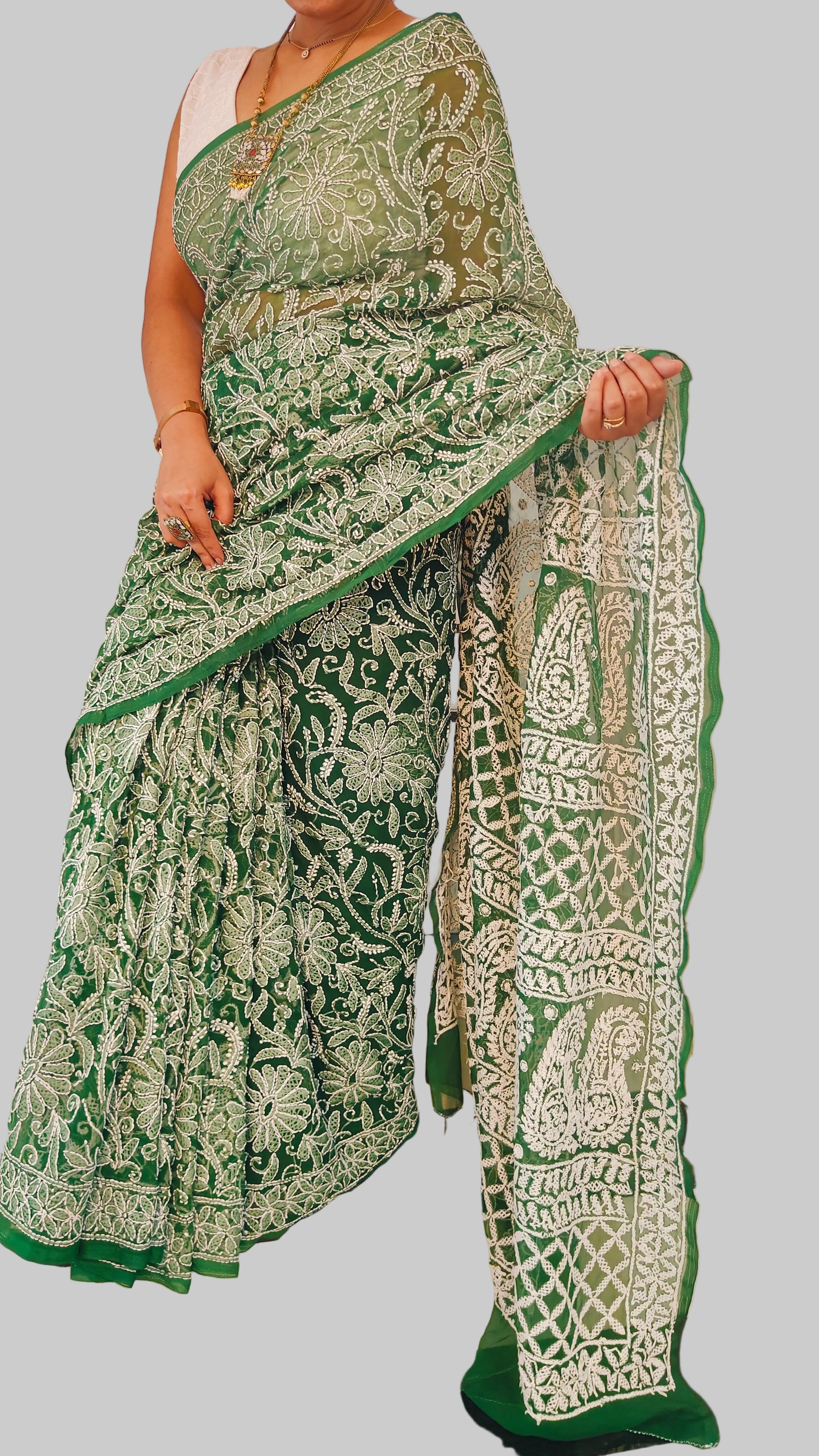 Forest Green Georgette Chikankari Saree – Full Jaal Hand-Embroidery