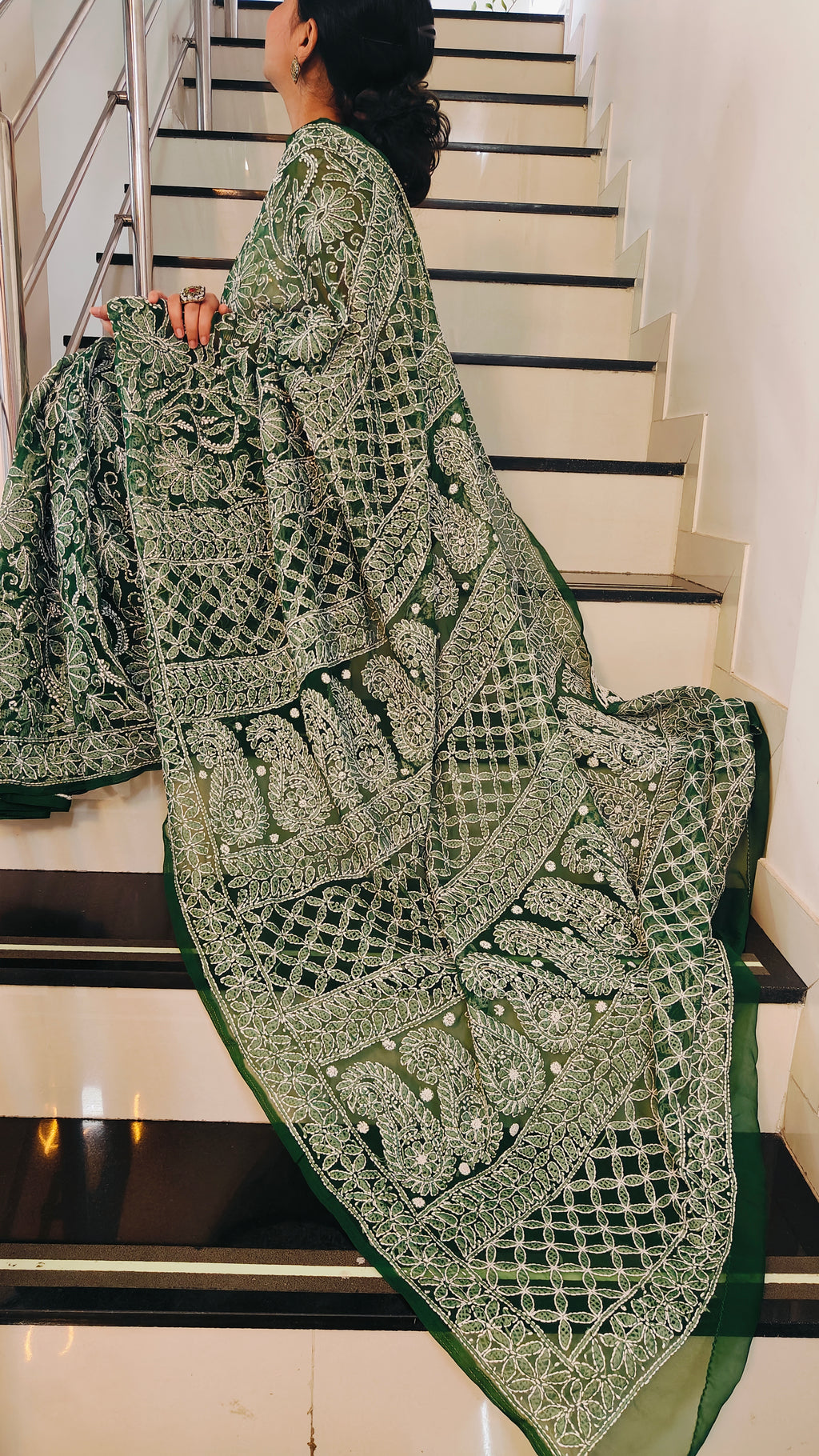Forest Green Georgette Chikankari Saree – Full Jaal Hand-Embroidery