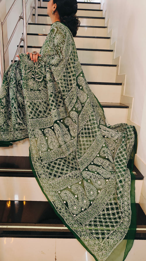 Forest Green Georgette Chikankari Saree – Full Jaal Hand-Embroidery