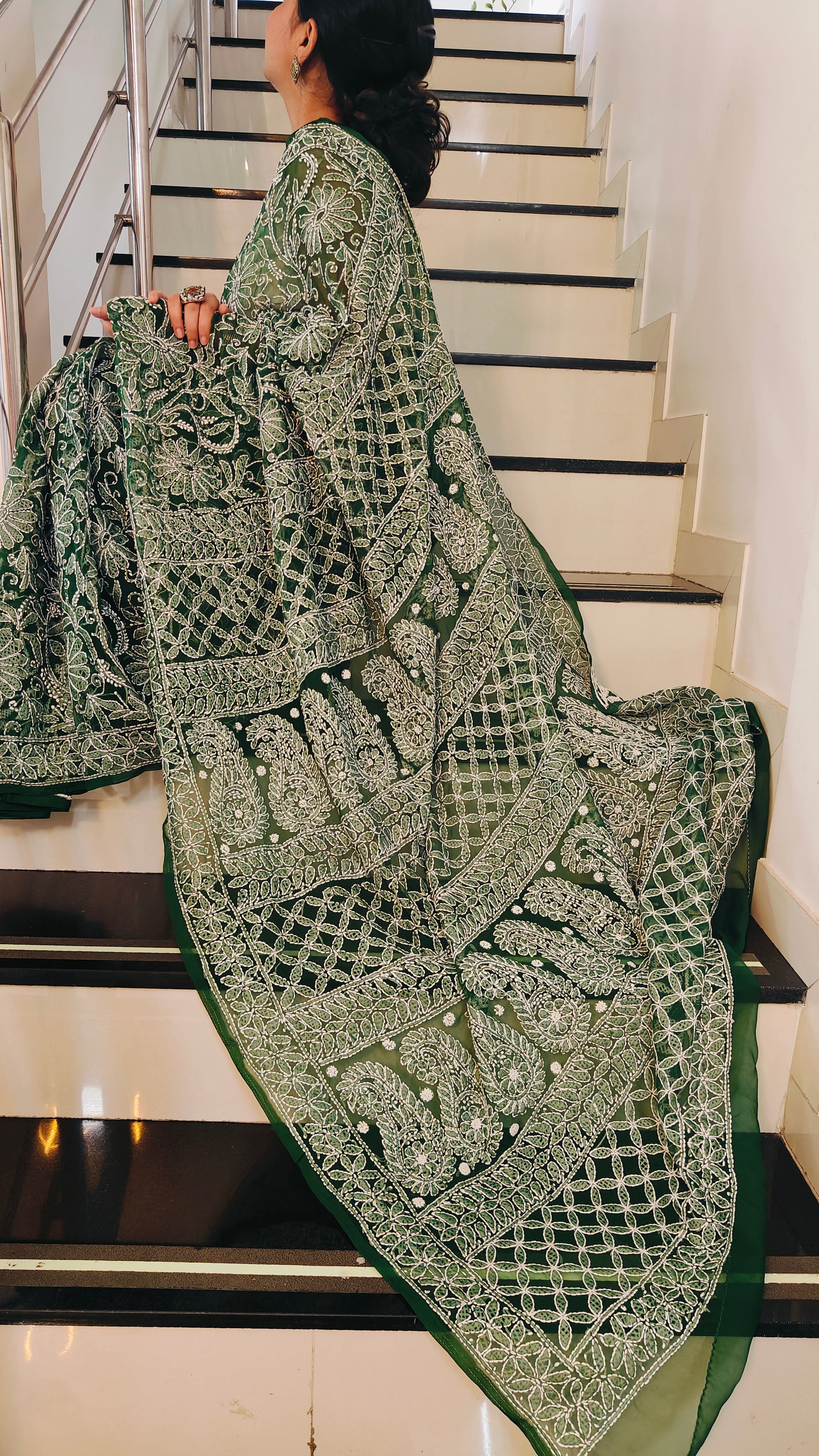 Forest Green Georgette Chikankari Saree – Full Jaal Hand-Embroidery