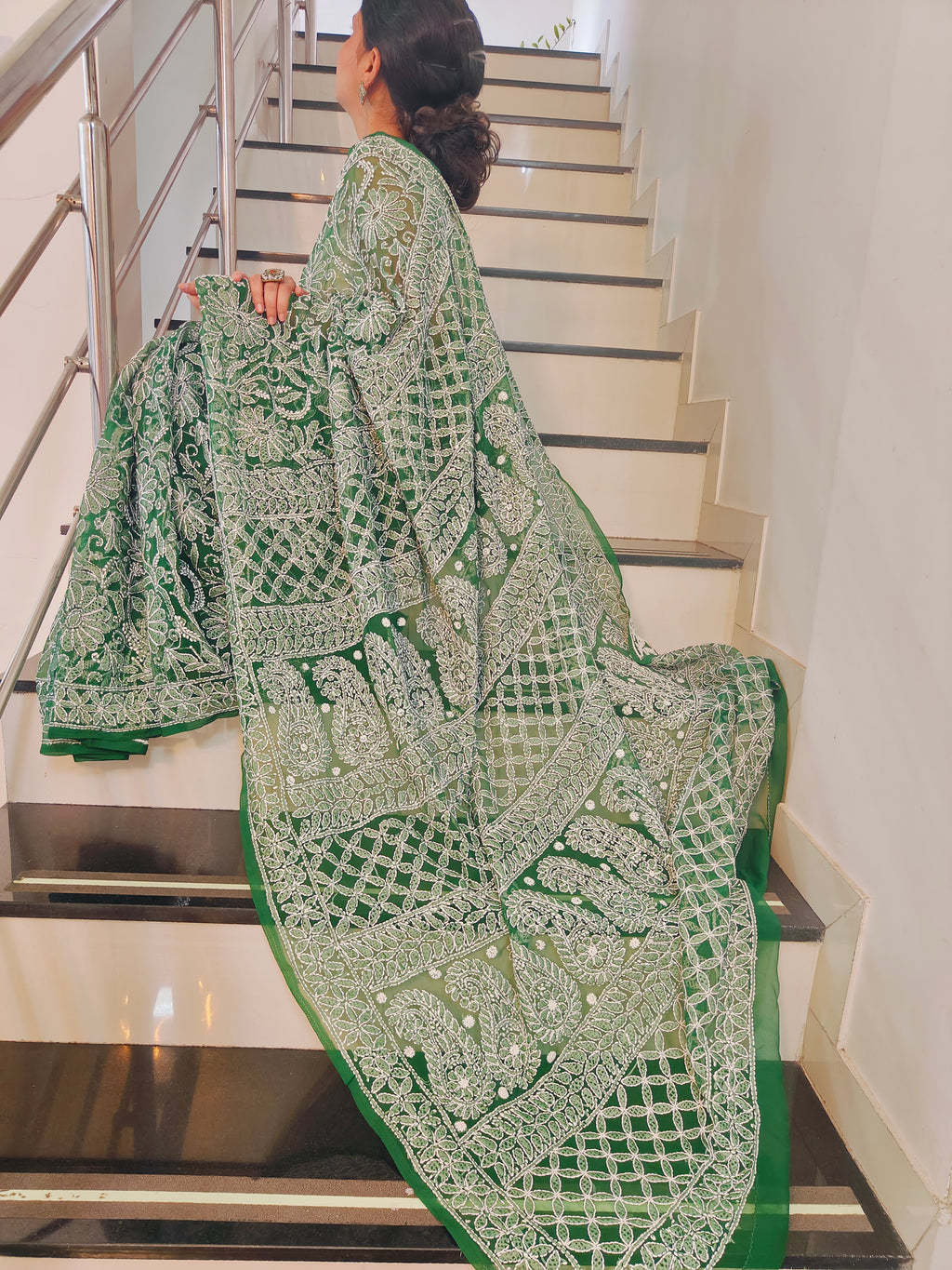 Forest Green Georgette Chikankari Saree – Full Jaal Hand-Embroidery