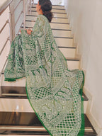 Forest Green Georgette Chikankari Saree – Full Jaal Hand-Embroidery