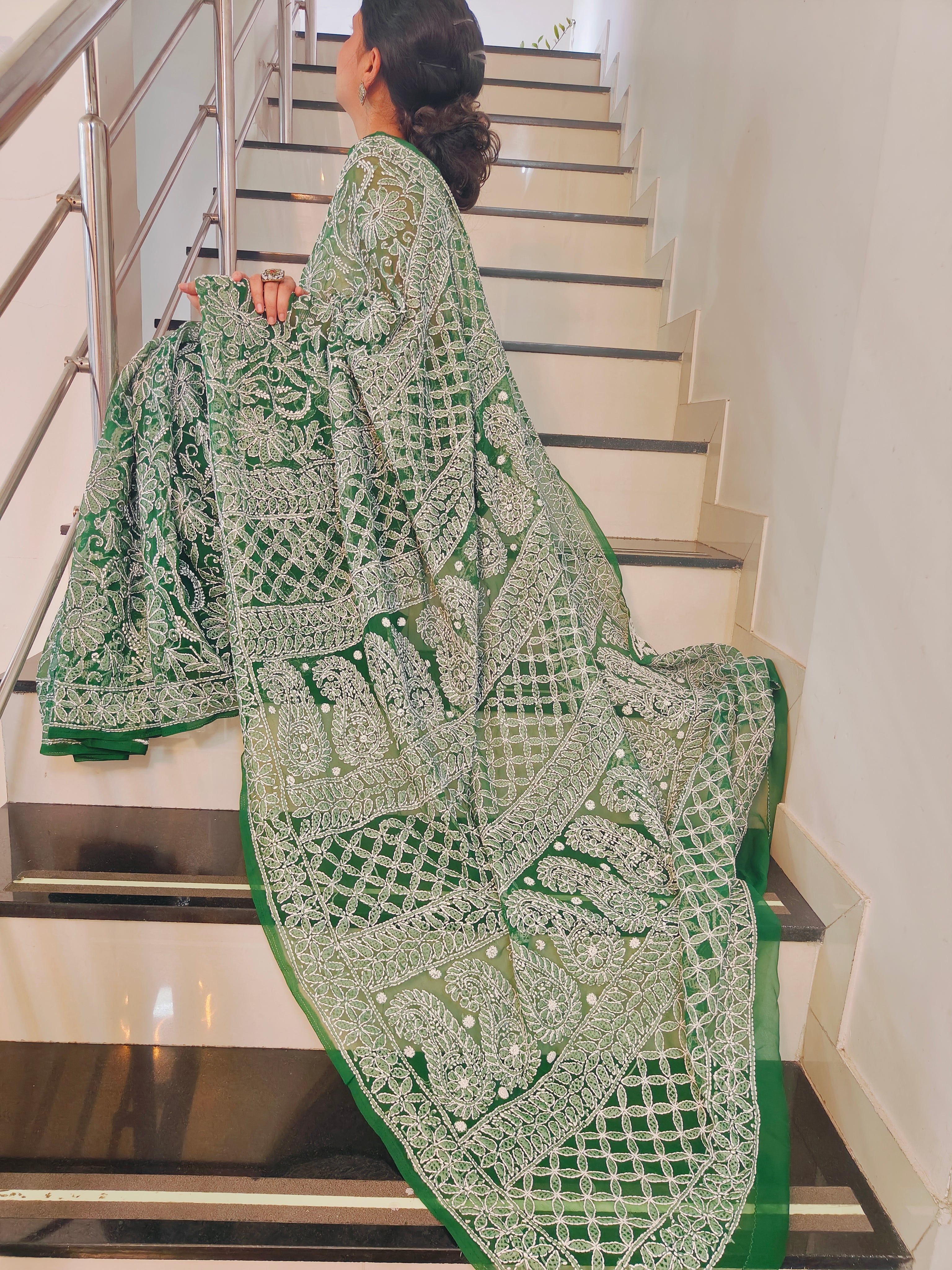 Forest Green Georgette Chikankari Saree – Full Jaal Hand-Embroidery