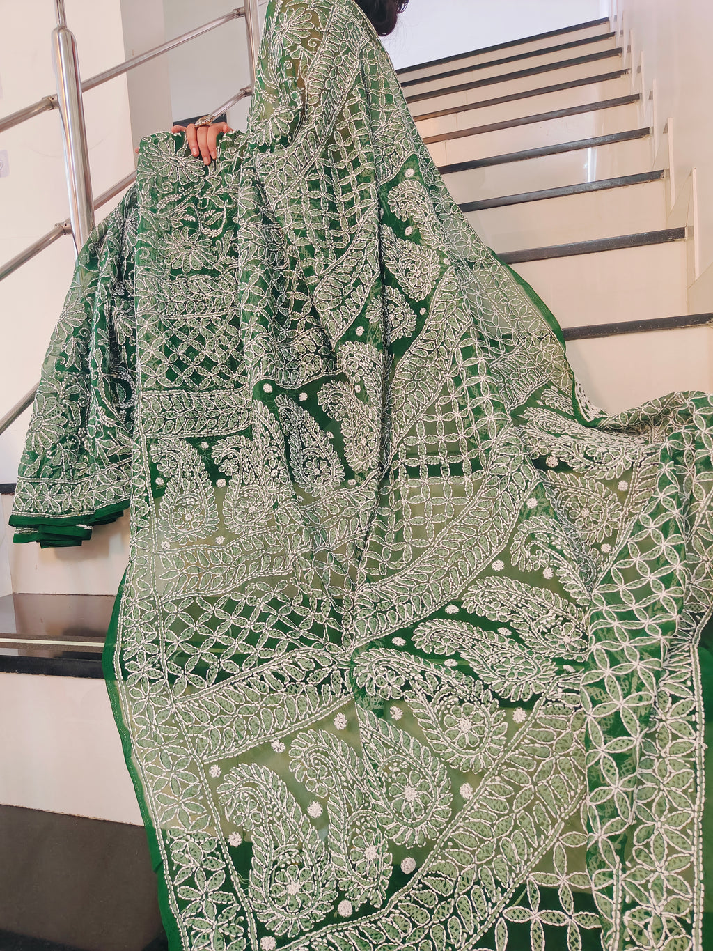 Forest Green Georgette Chikankari Saree – Full Jaal Hand-Embroidery
