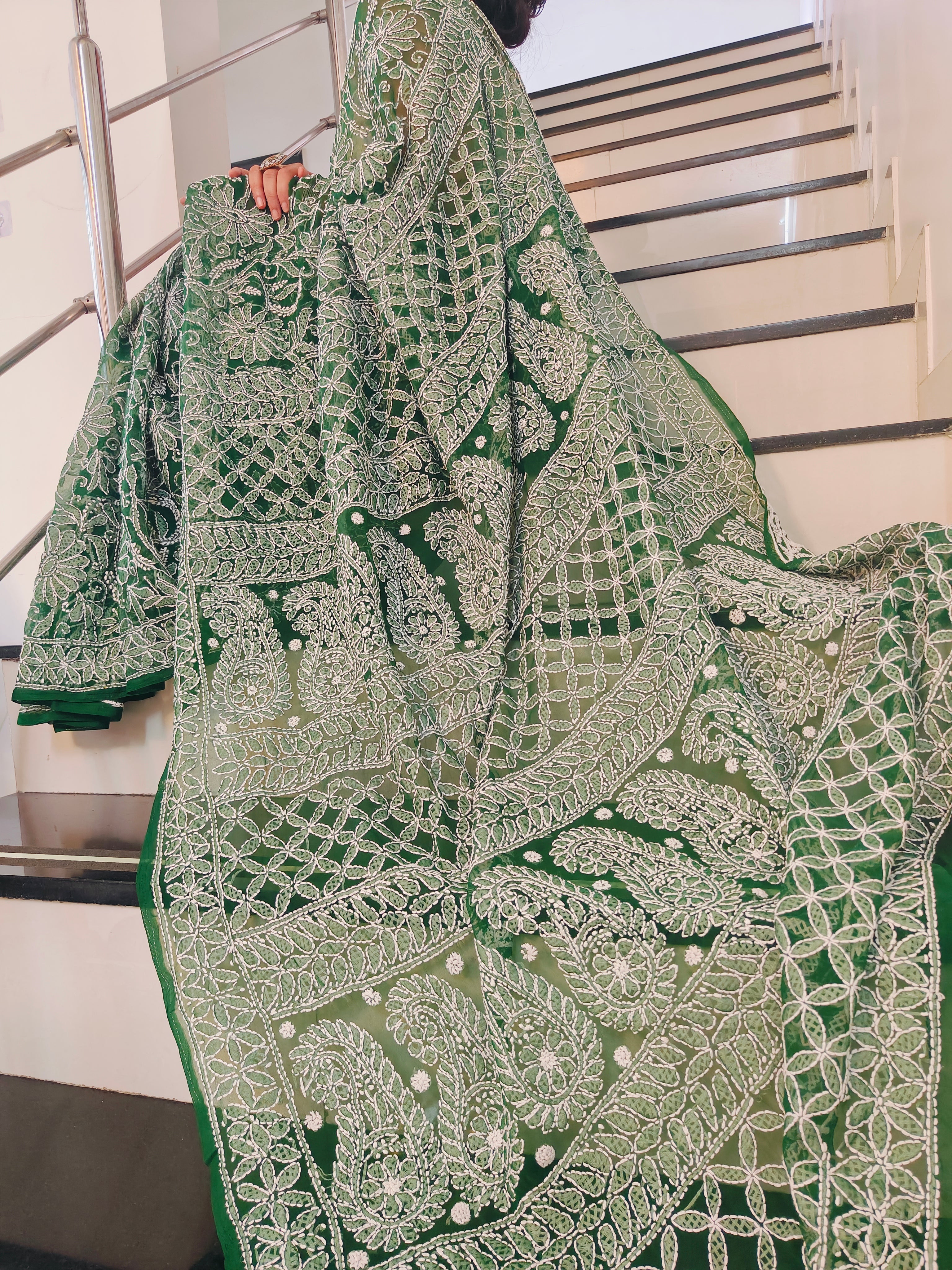 Forest Green Georgette Chikankari Saree – Full Jaal Hand-Embroidery