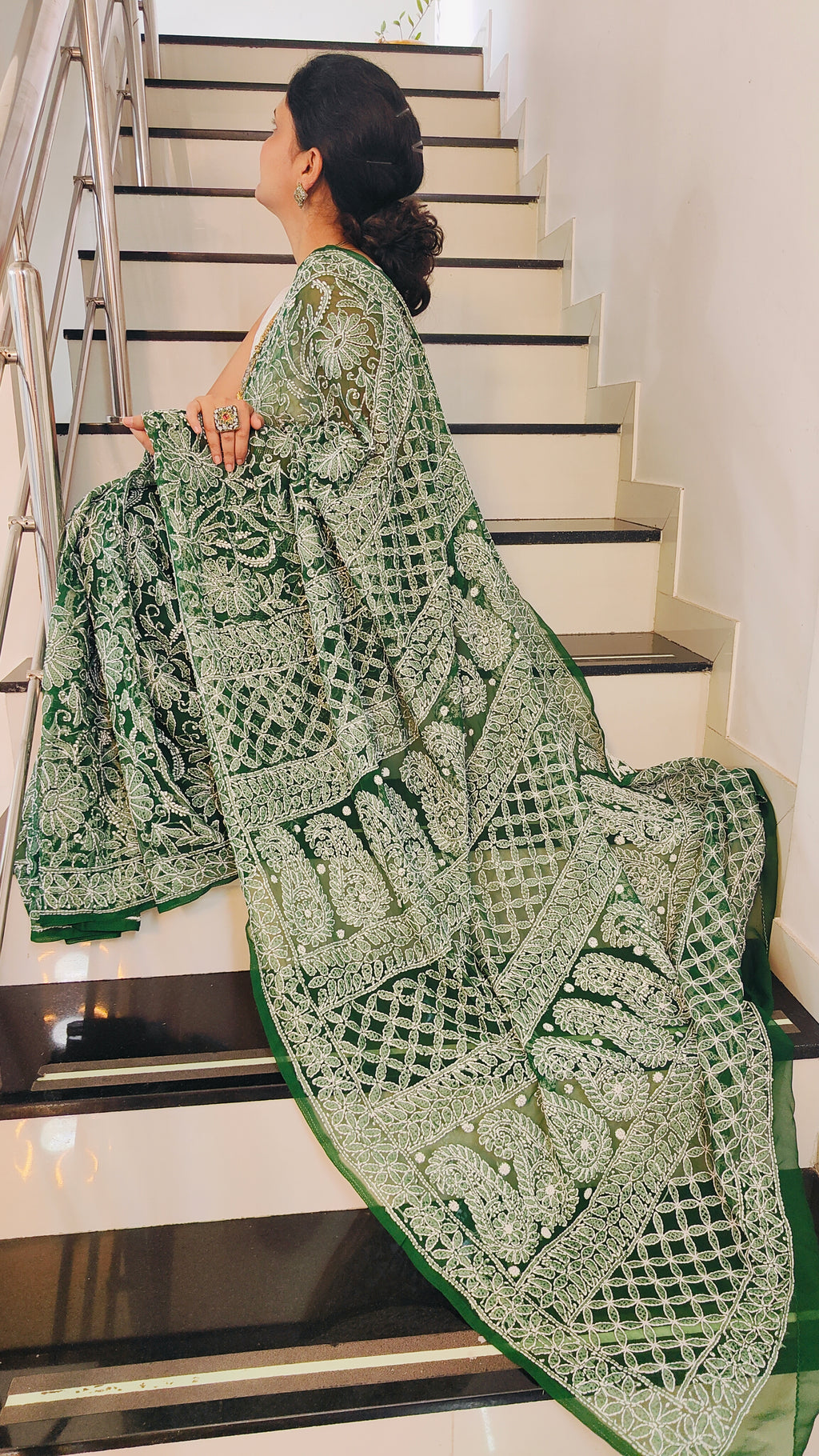 Forest Green Georgette Chikankari Saree – Full Jaal Hand-Embroidery