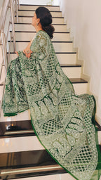 Forest Green Georgette Chikankari Saree – Full Jaal Hand-Embroidery