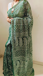 Forest Green Georgette Chikankari Saree – Full Jaal Hand-Embroidery