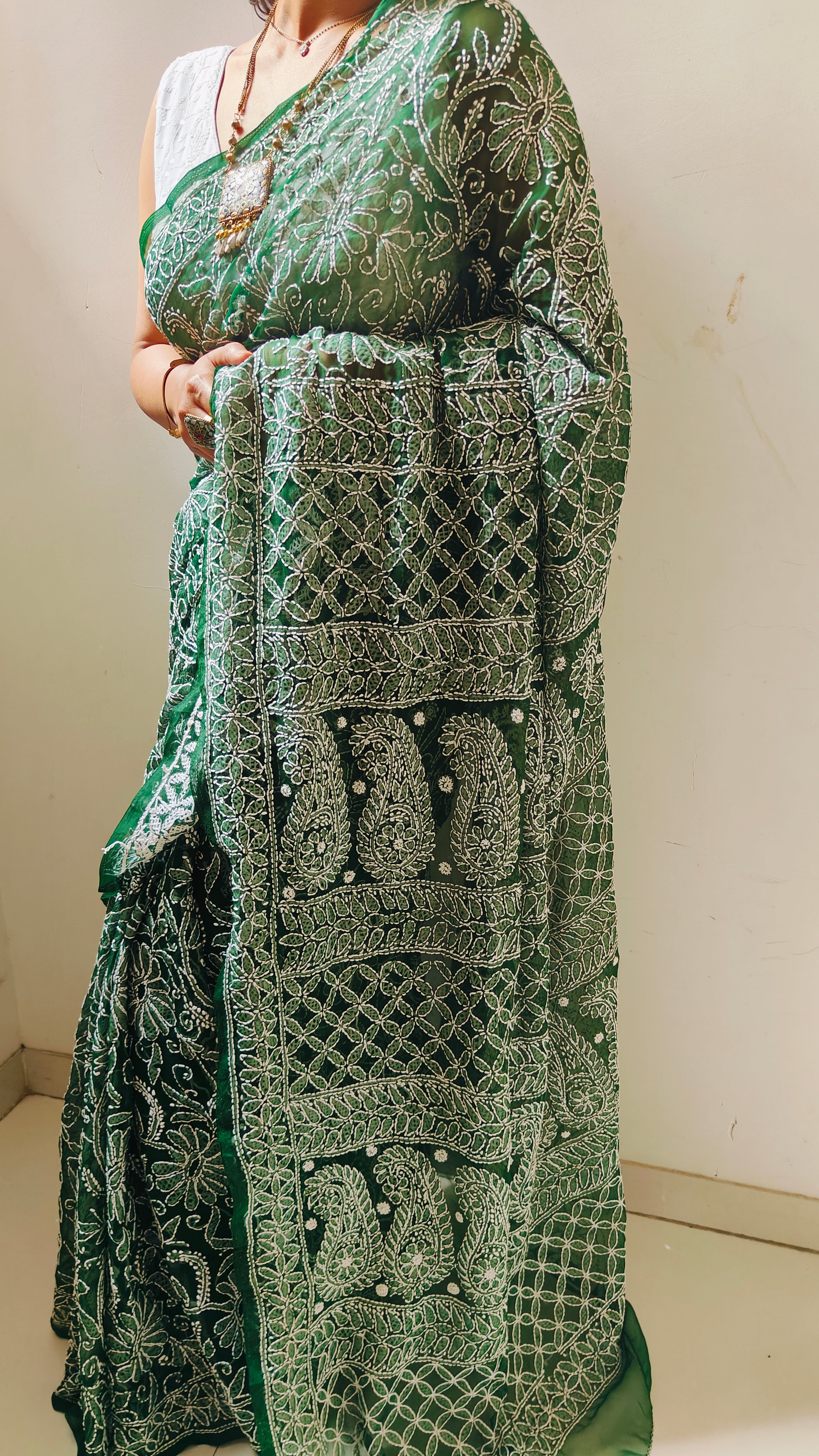 Forest Green Georgette Chikankari Saree – Full Jaal Hand-Embroidery