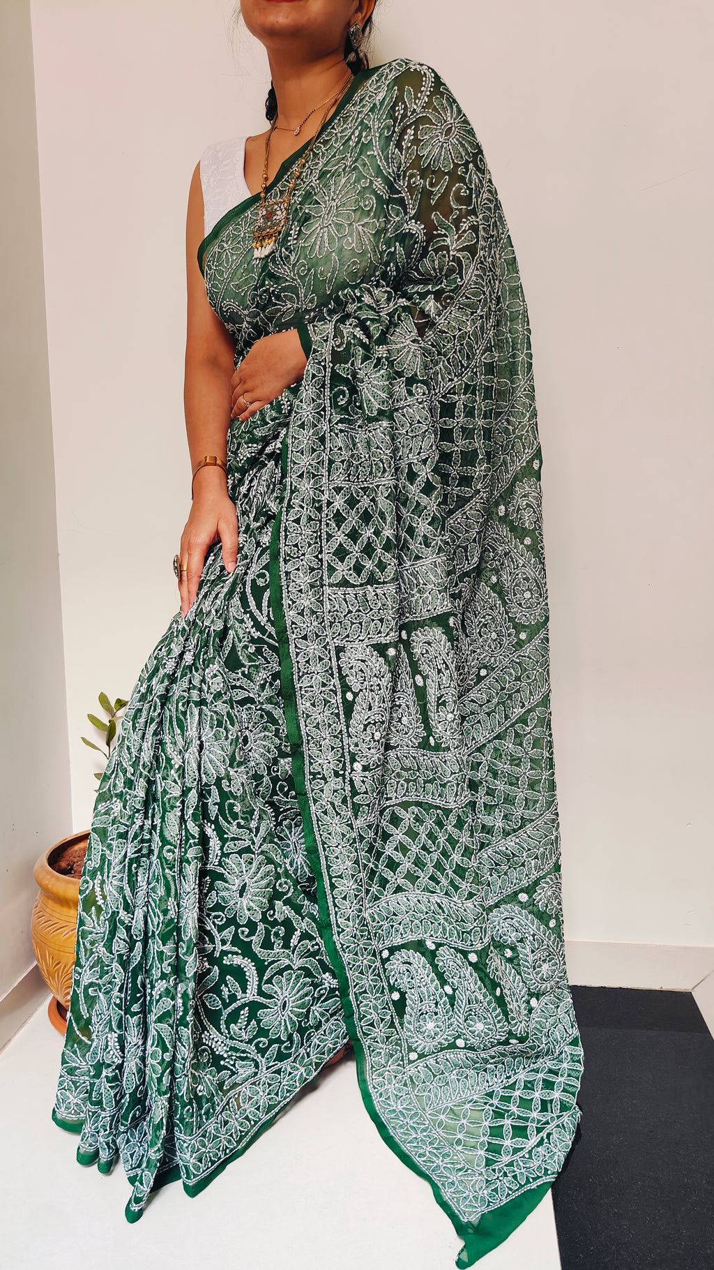 Forest Green Georgette Chikankari Saree – Full Jaal Hand-Embroidery