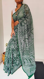 Forest Green Georgette Chikankari Saree – Full Jaal Hand-Embroidery
