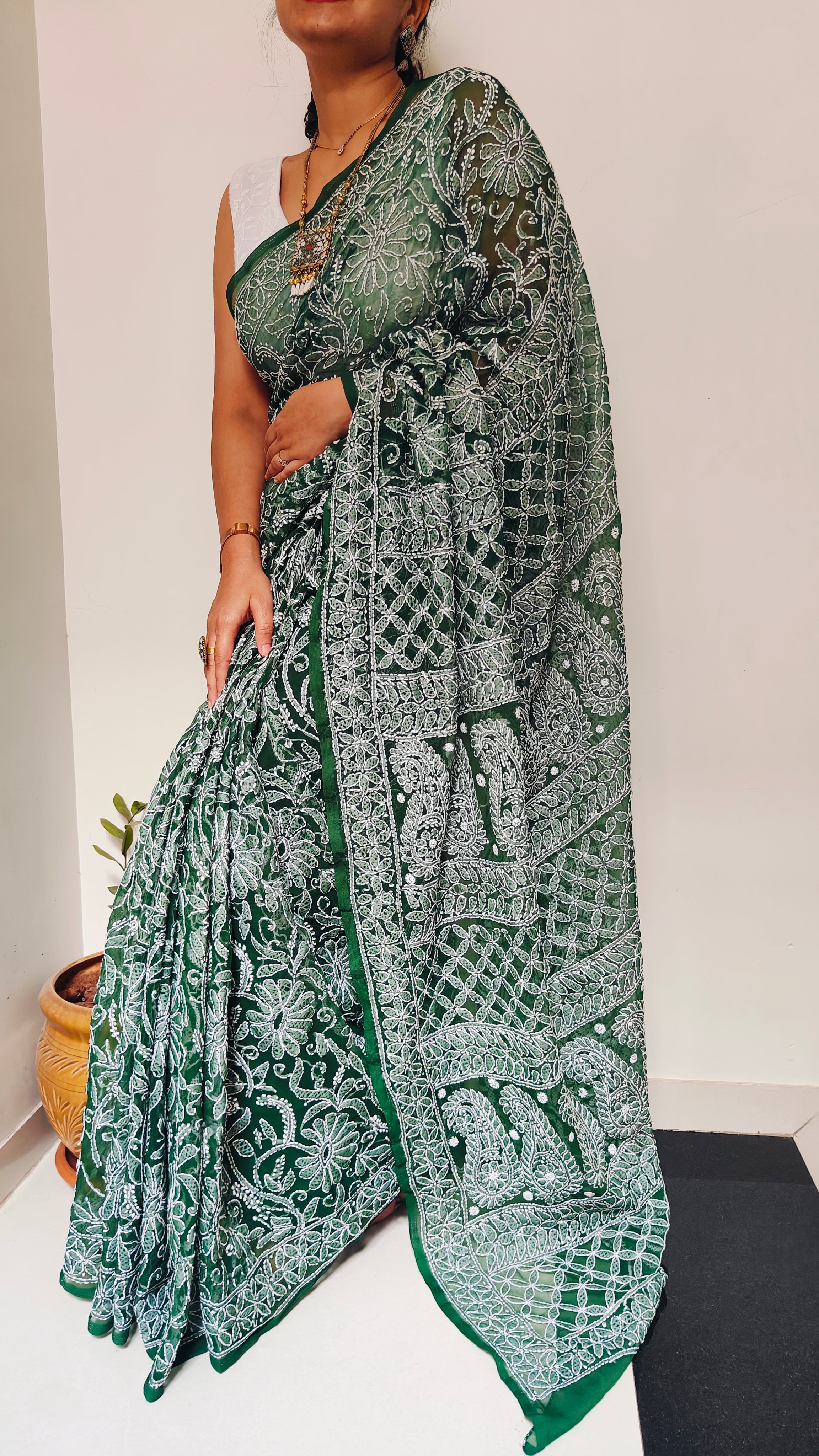 Forest Green Georgette Chikankari Saree – Full Jaal Hand-Embroidery
