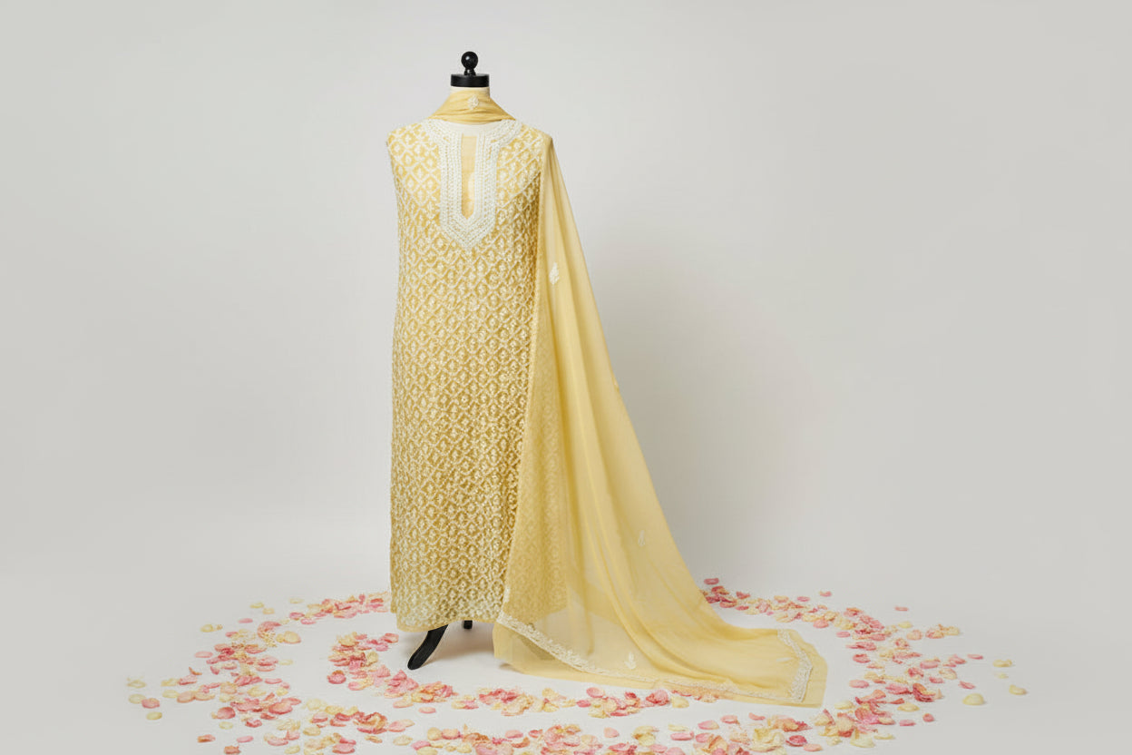 Souled Sunlit Grace Chikankari Faux Georgette Unstitched Suit Set with Kurta, Dupatta and Bottom, Traditional Embroidered Design