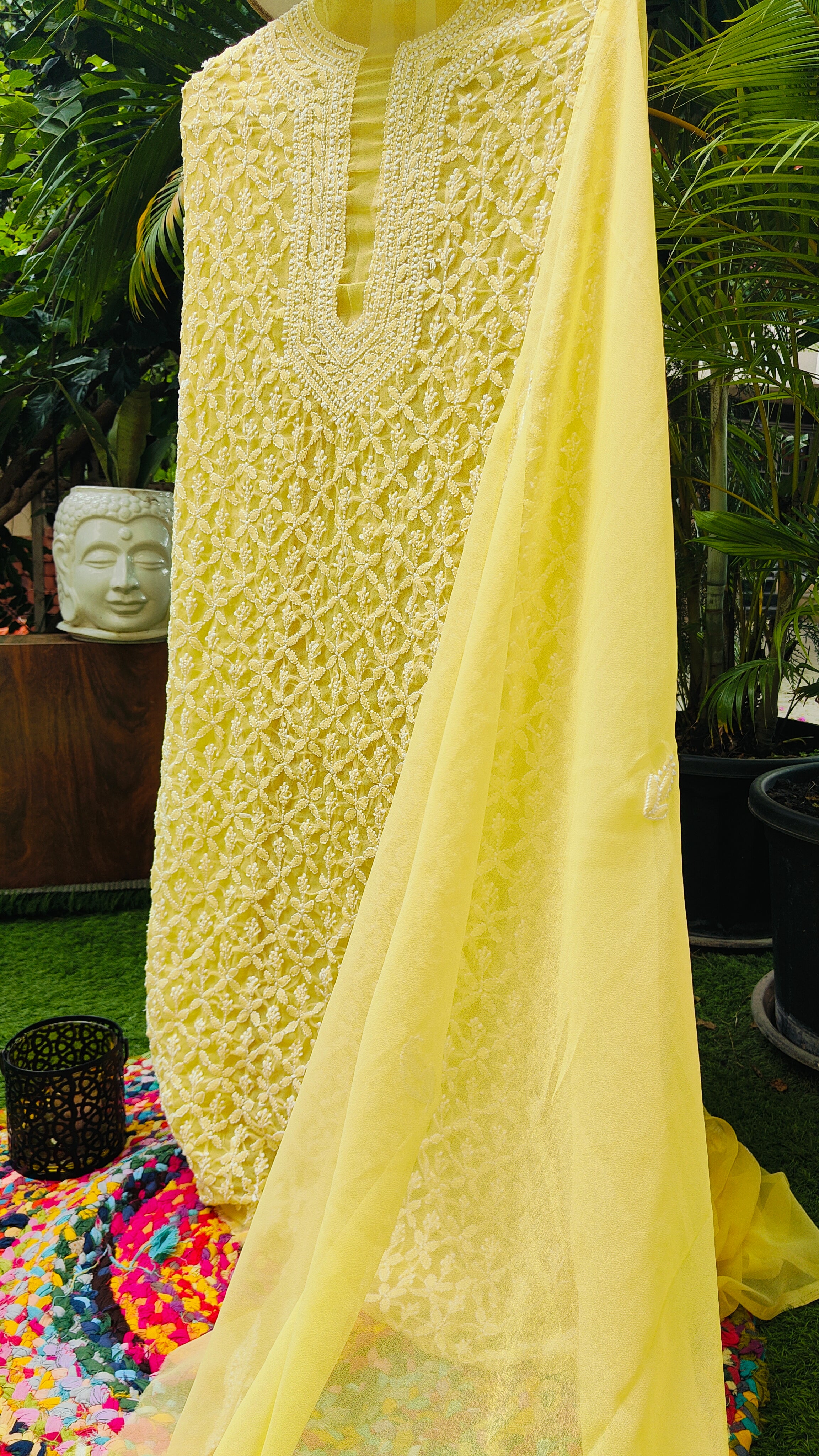 Souled Sunlit Grace Chikankari Faux Georgette Unstitched Suit Set with Kurta, Dupatta and Bottom, Traditional Embroidered Design