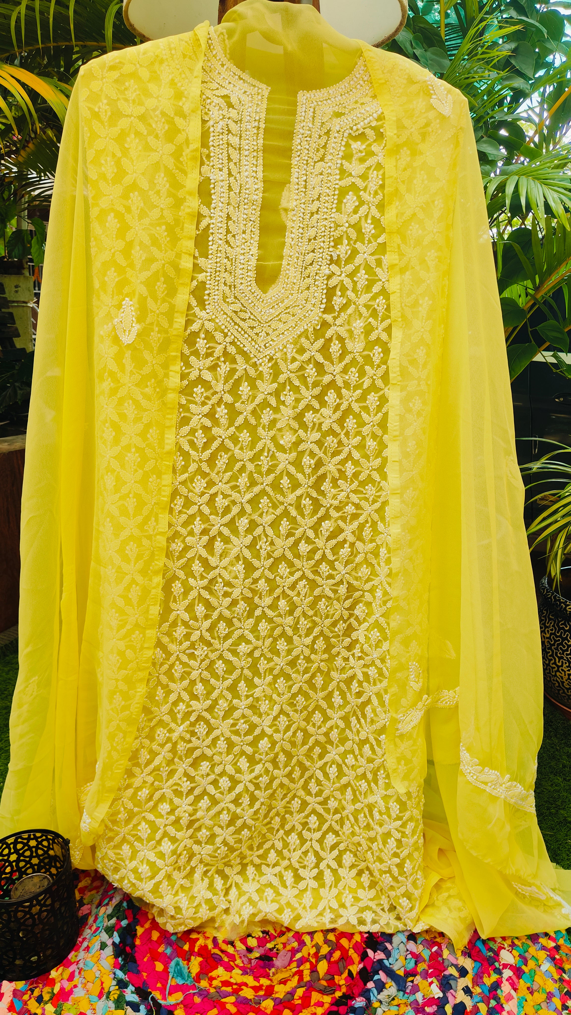 Souled Sunlit Grace Chikankari Faux Georgette Unstitched Suit Set with Kurta, Dupatta and Bottom, Traditional Embroidered Design