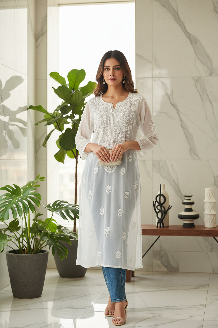 Souled Georgette Chikankari Kurta With Inner Slip