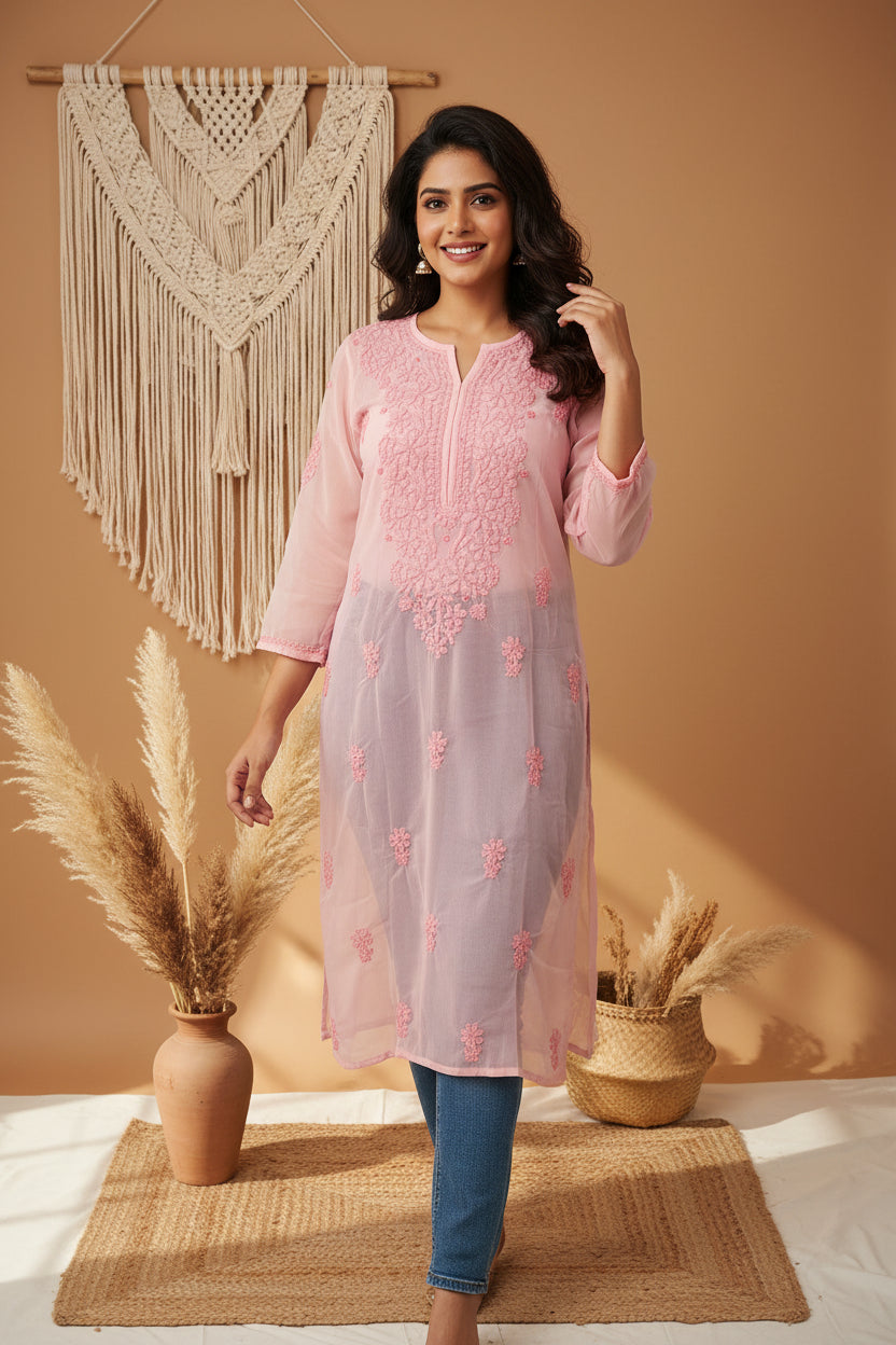 Souled Georgette Chikankari Pink Kurta With White Inner Slip