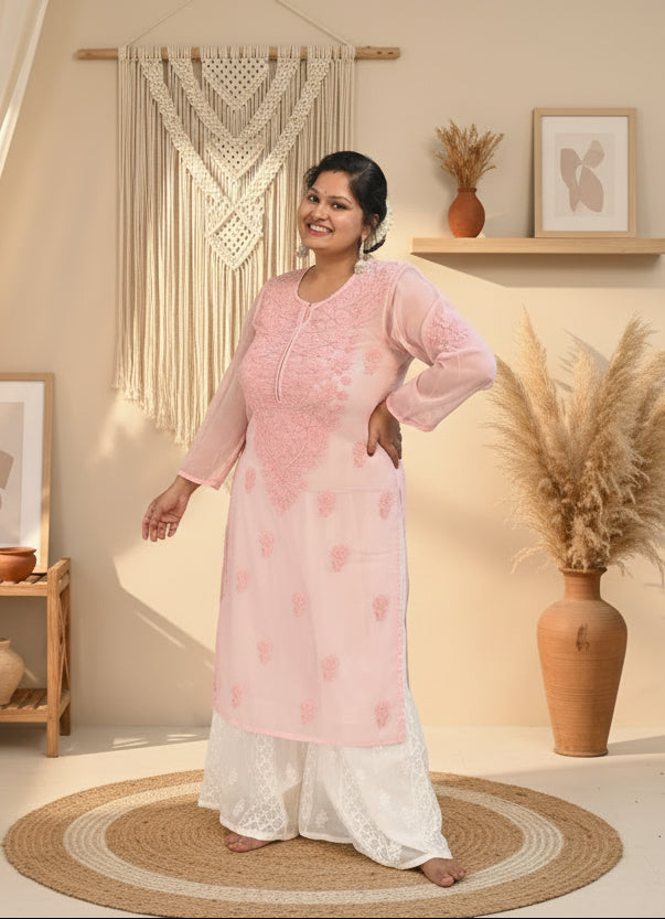 Souled Georgette Chikankari Pink Kurta With White Inner Slip