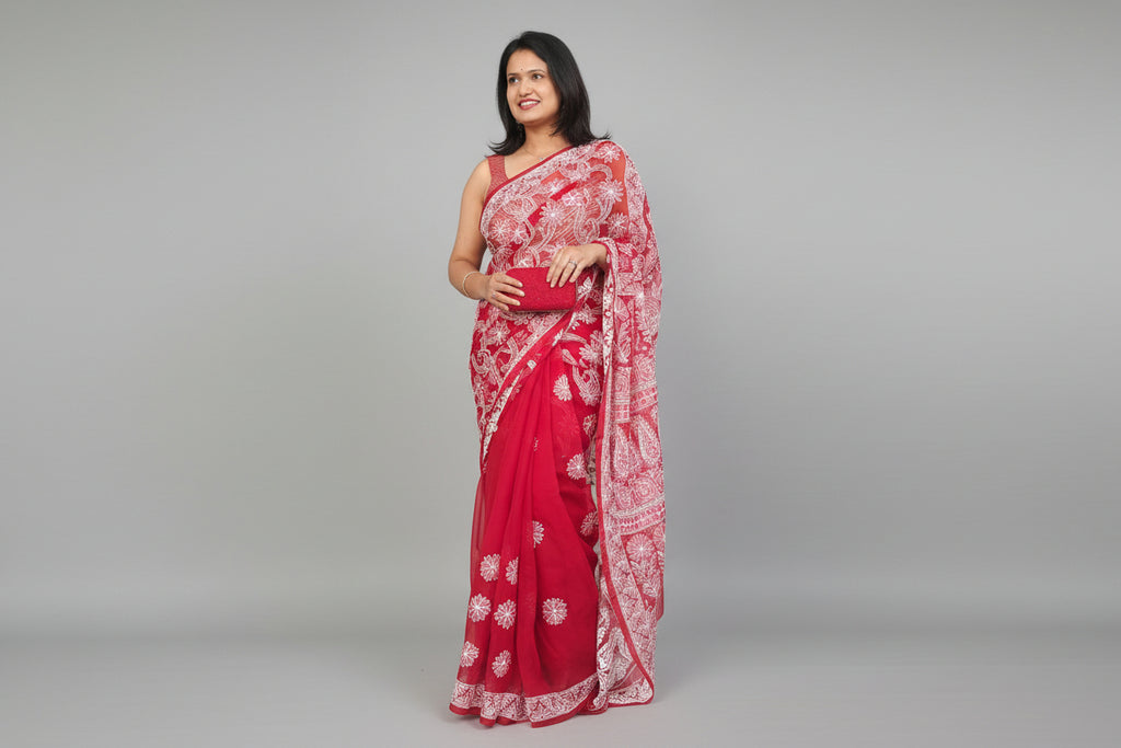 Crimson Cherry Chikankari Saree – Half-Jaal Handwork on Georgette