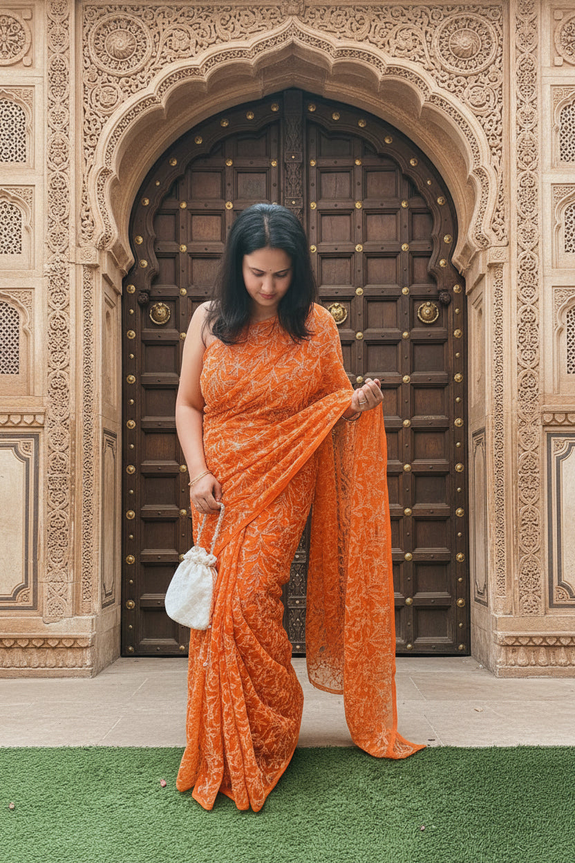 Classic Tepchi Work Chikankari Saree in Pure Georgette – Full Jaal Embroidery