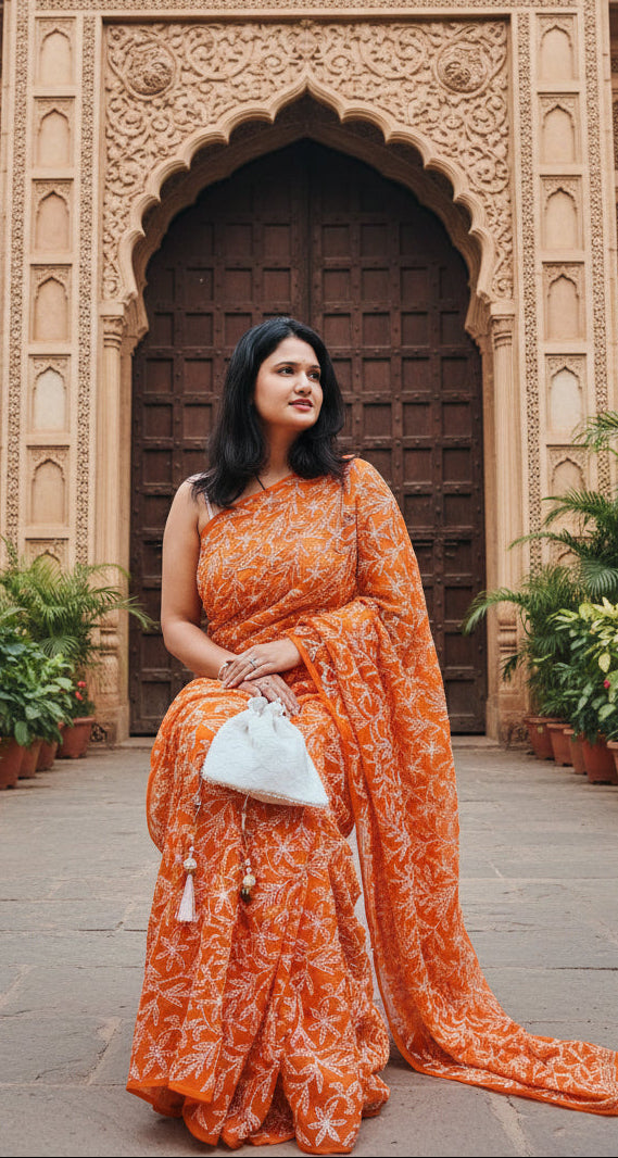 Classic Tepchi Work Chikankari Saree in Pure Georgette – Full Jaal Embroidery