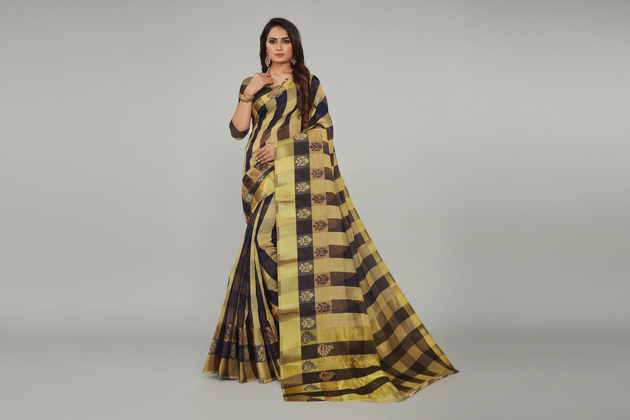 Timeless Traditional Checks Saree Linen Cotton blend