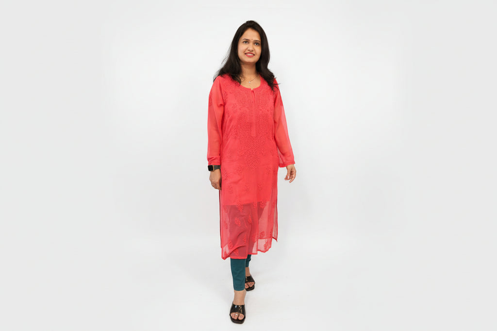 Souled Georgette Chikankari Kurta With Inner Slip