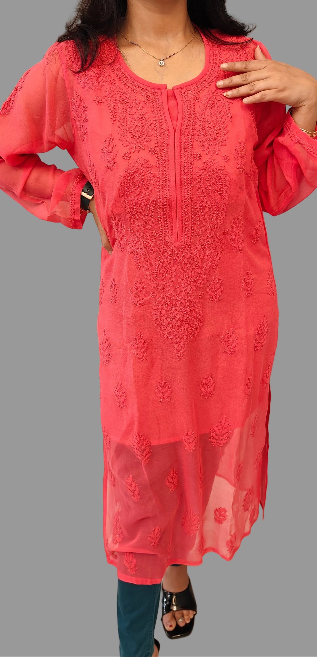 Souled Georgette Chikankari Kurta With Inner Slip