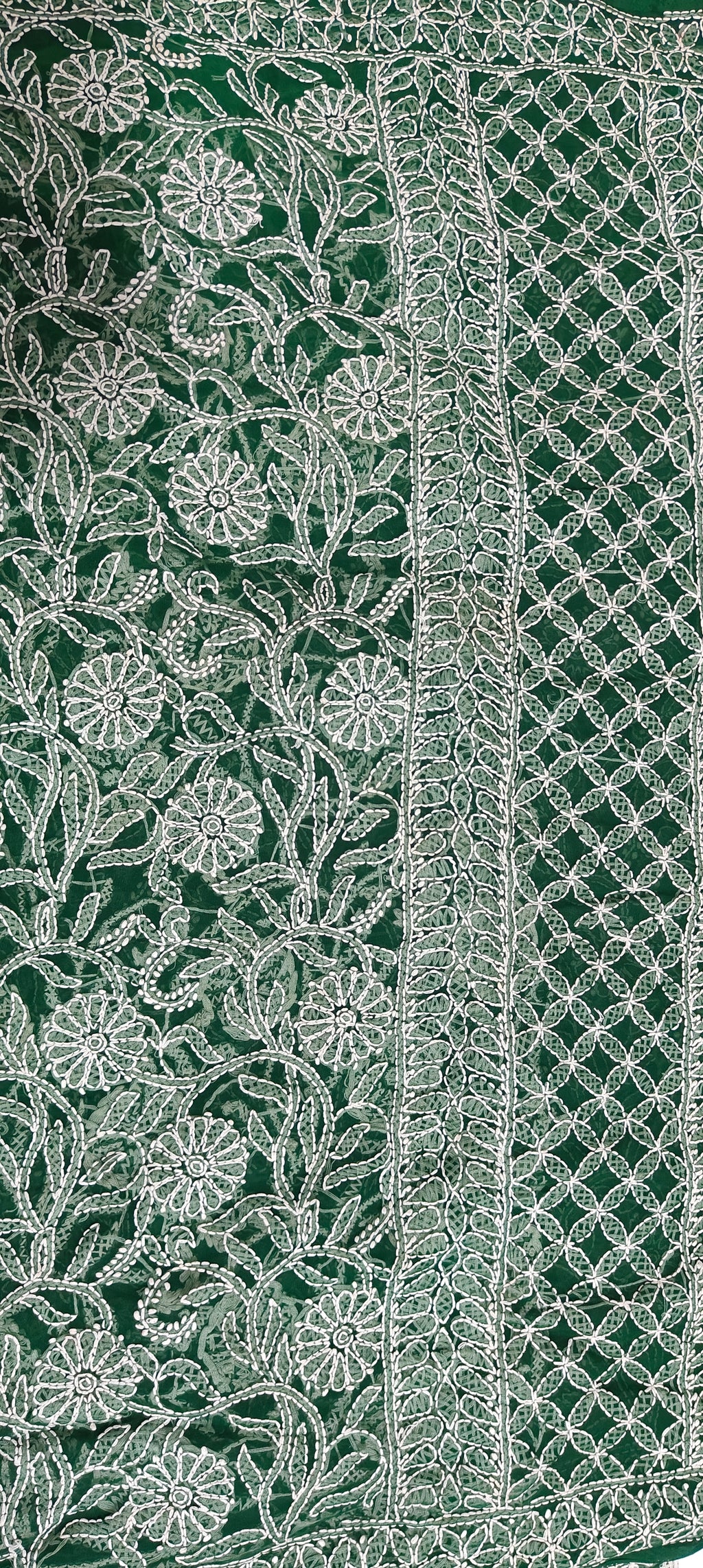Forest Green Georgette Chikankari Saree – Full Jaal Hand-Embroidery