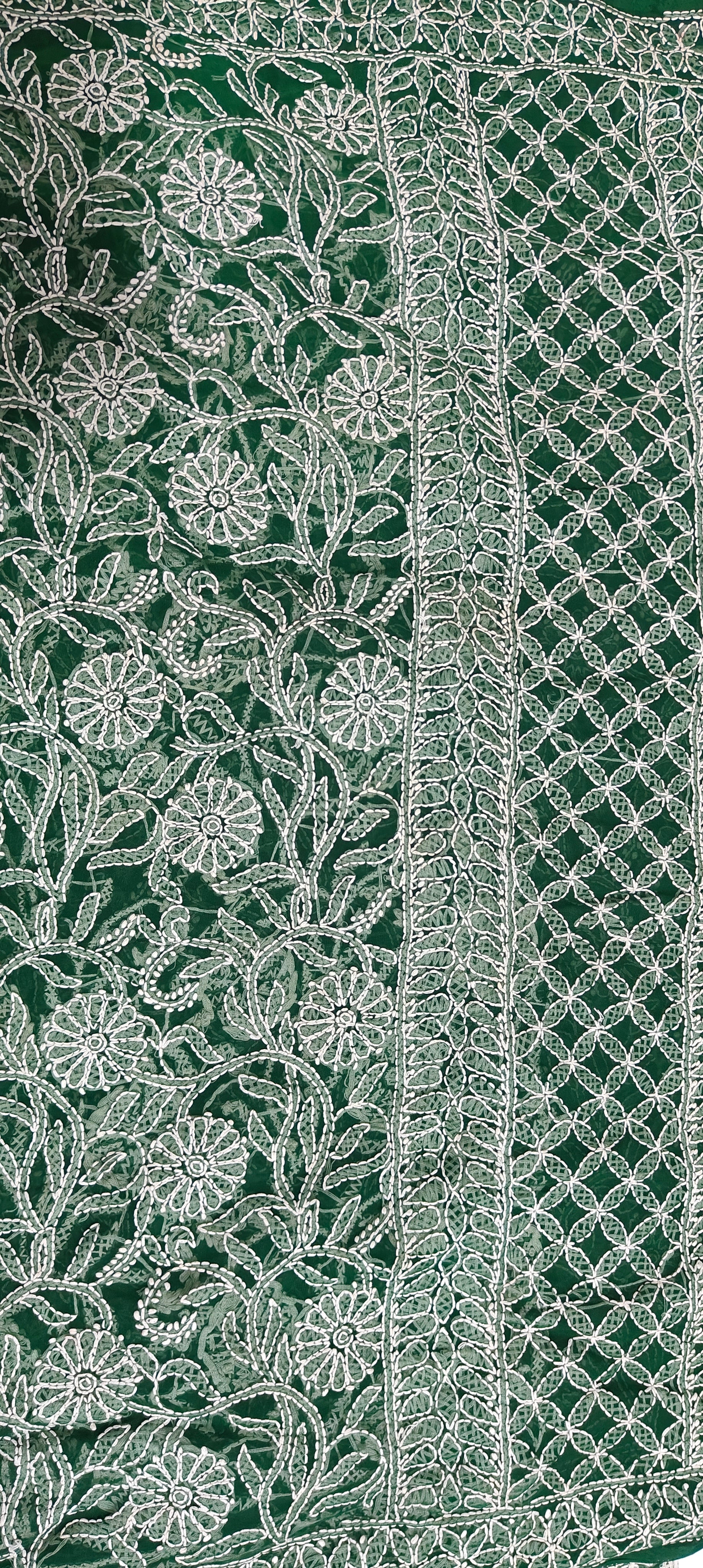 Forest Green Georgette Chikankari Saree – Full Jaal Hand-Embroidery