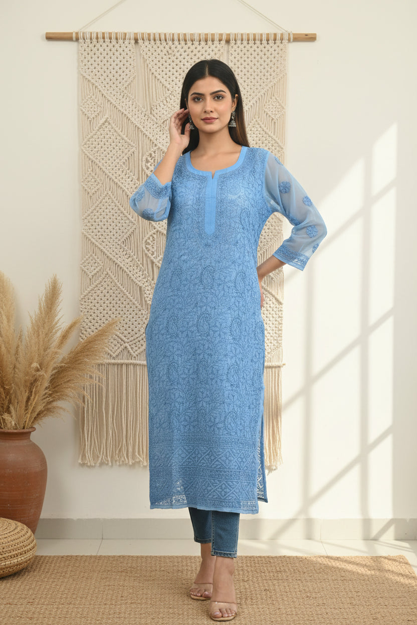 Souled Georgette Chikankari Straight Full Work Kurta with Inner Slip