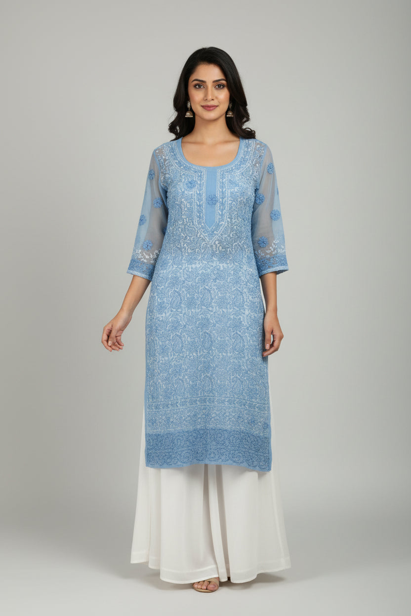 Souled Georgette Chikankari Straight Full Work Kurta with Inner Slip