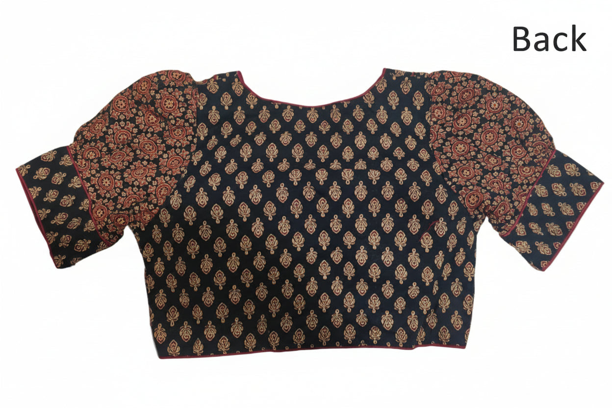 Vintage Ajrakh Hand-Block Blouse with Puff Sleeves