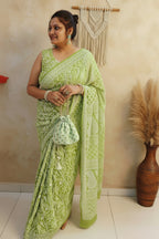 Pista Green Georgette Chikankari Saree – Full Jaal Hand-Embroidery
