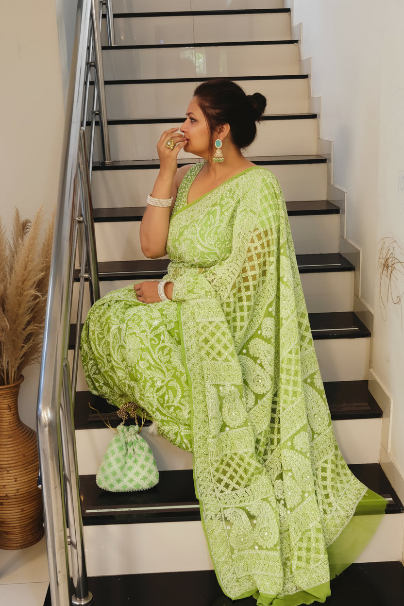Pista Green Georgette Chikankari Saree – Full Jaal Hand-Embroidery